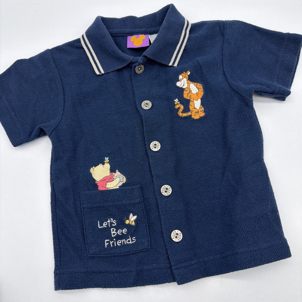 Vtg 1990's - Winnie The Pooh - Toddler Button Up Knit Shirt 3T Lets Bee Friends